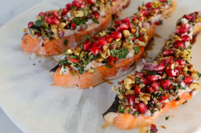 Baked Salmon with Herb, Tahini And Pomegranate crust