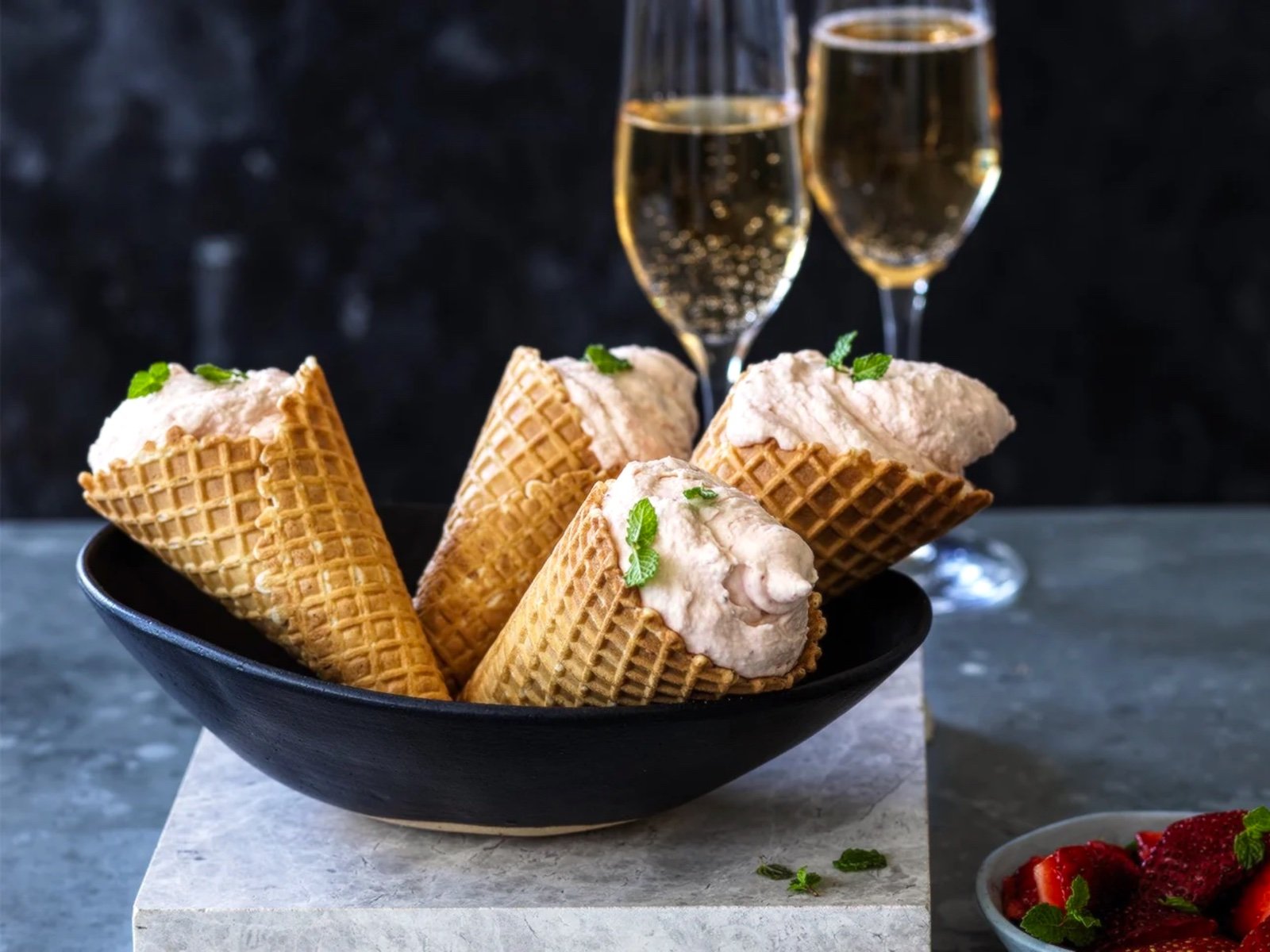 Strawberries and cream dessert cones