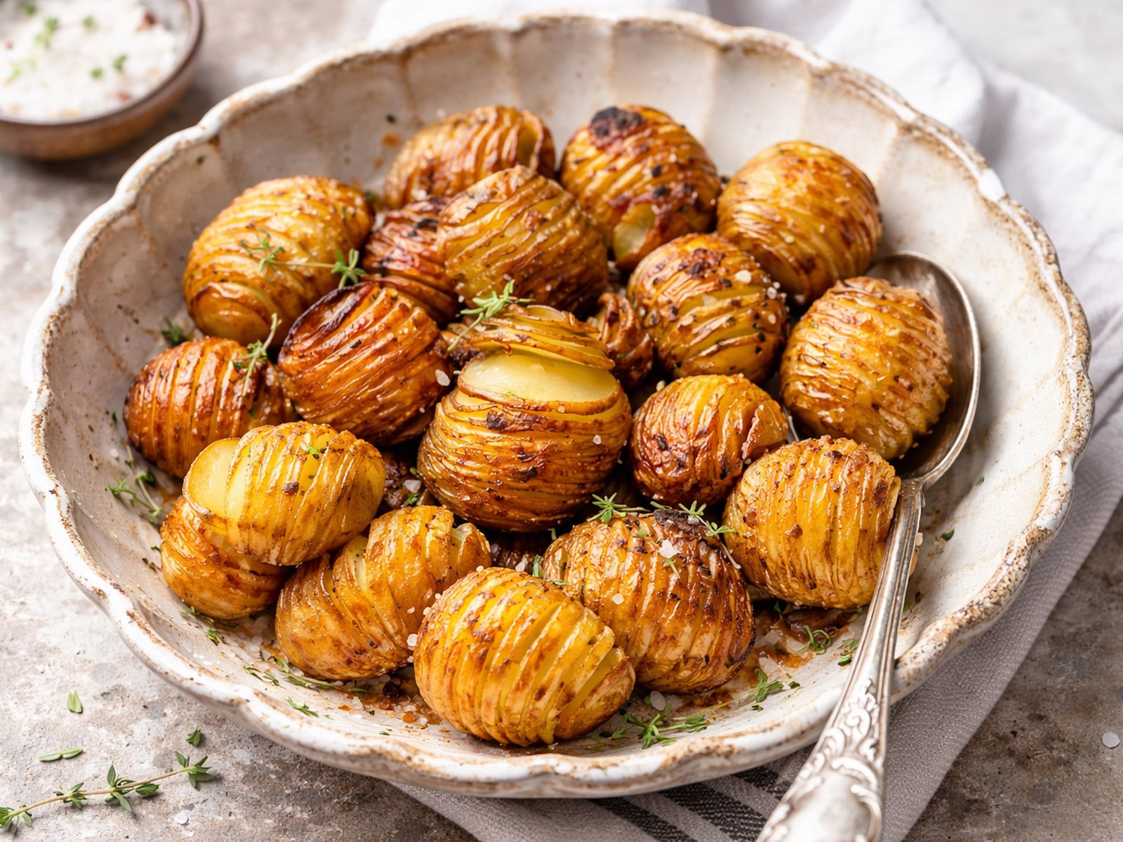 a dish of golden hasselback potatoes