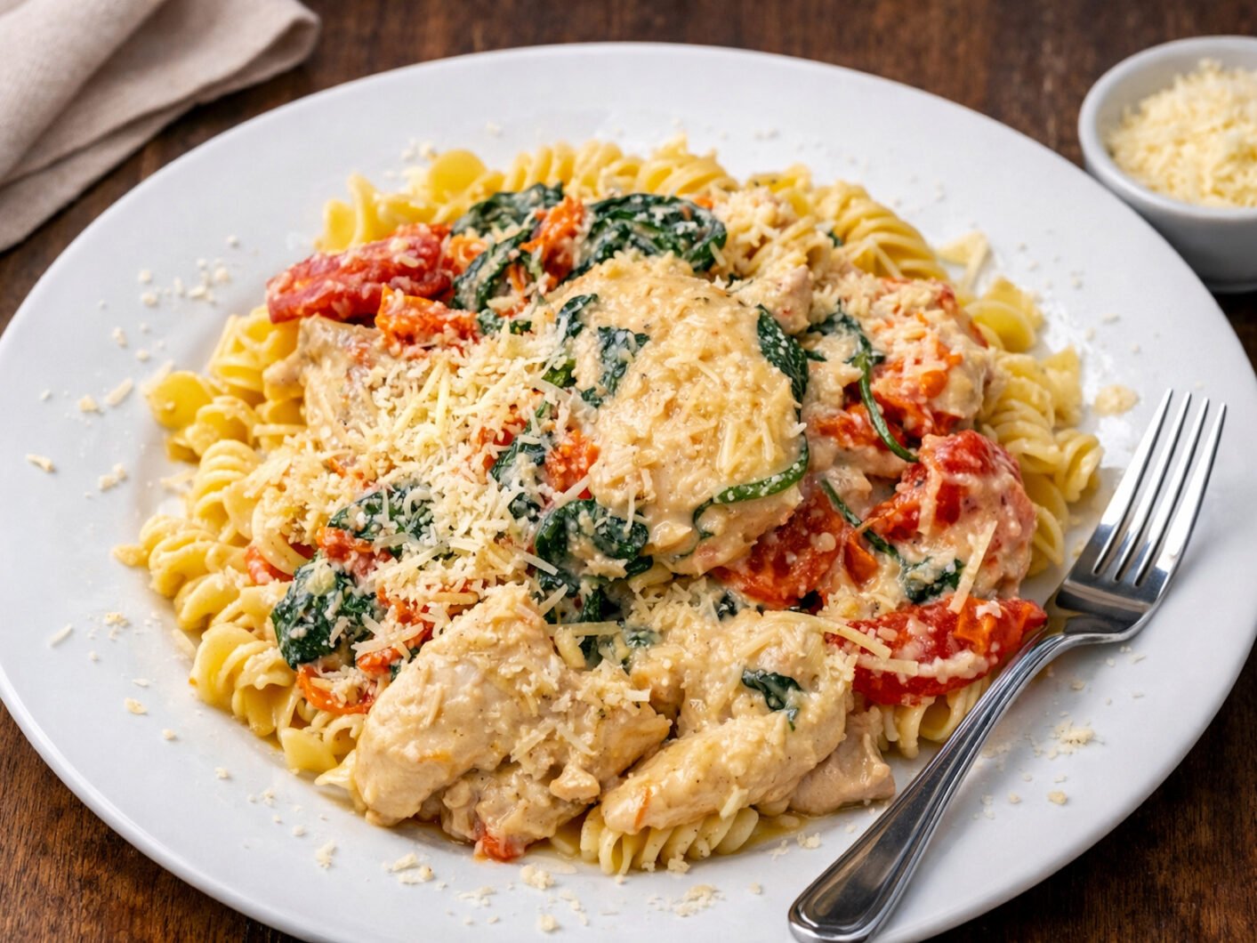 Creamy sun-dried tomato and chicken pasta with Parmesan